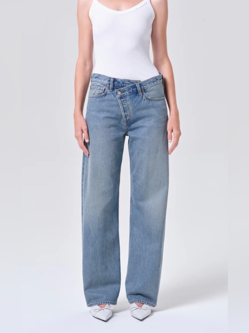 Agolde asymmetrical arc criss cross jeans medium wash size 24